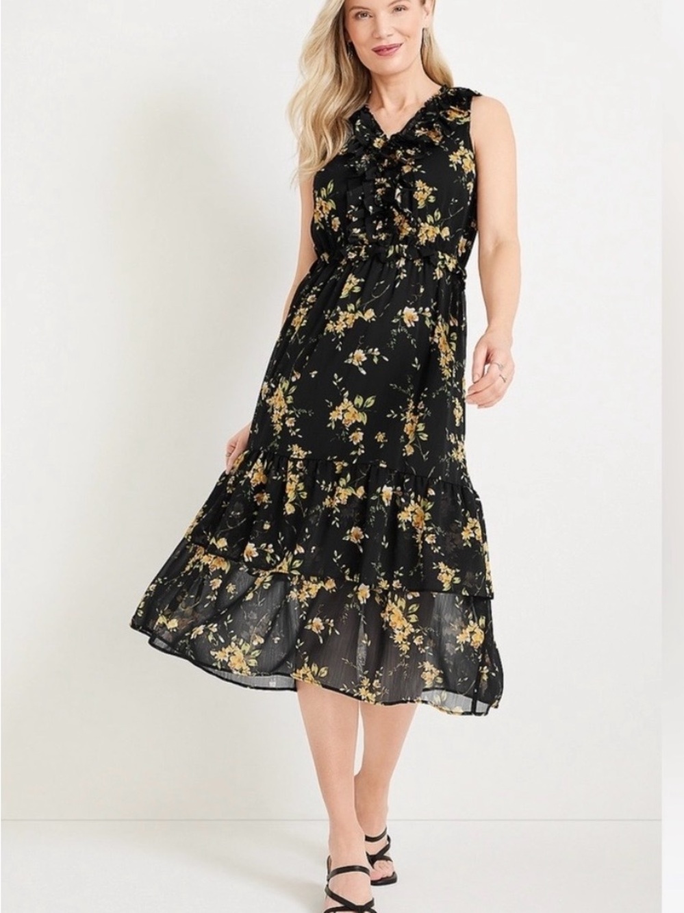 Maurices Floral Dress with Black Background, Size M. New with tags.